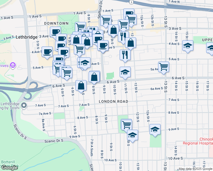 map of restaurants, bars, coffee shops, grocery stores, and more near 605 9 Street South in Lethbridge