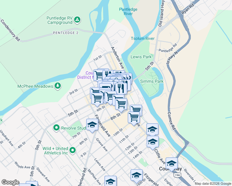 map of restaurants, bars, coffee shops, grocery stores, and more near 268 5th Street in Courtenay