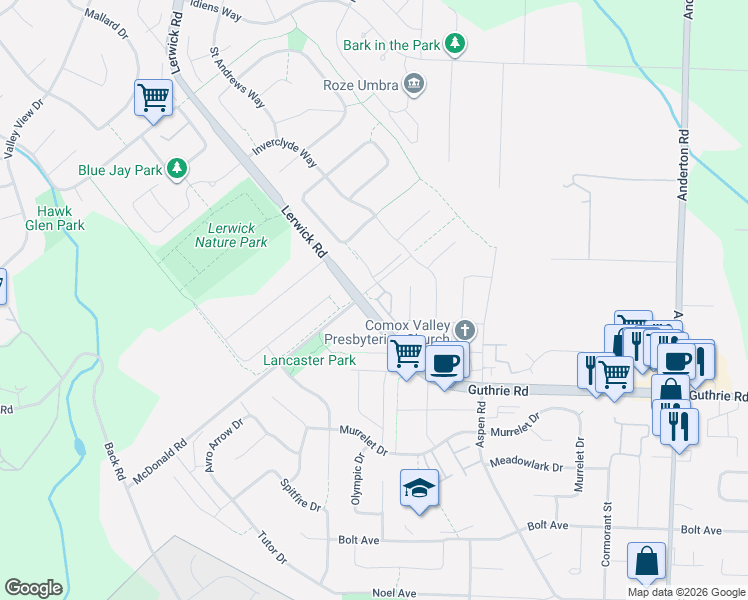 map of restaurants, bars, coffee shops, grocery stores, and more near 2310 Guthrie Road in Comox