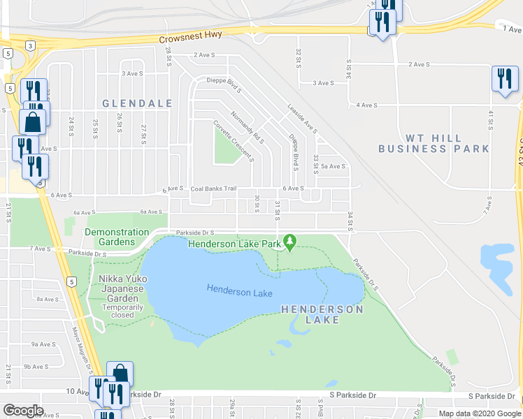 map of restaurants, bars, coffee shops, grocery stores, and more near 621 30 Street South in Lethbridge