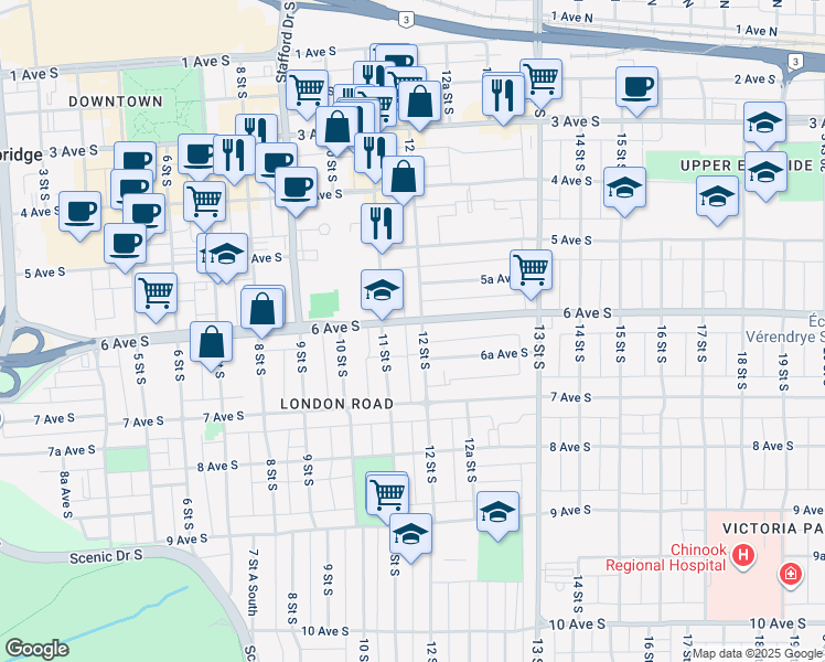 map of restaurants, bars, coffee shops, grocery stores, and more near 602 12 Street South in Lethbridge