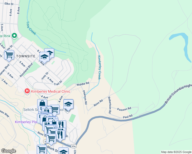 map of restaurants, bars, coffee shops, grocery stores, and more near 53 Morrison Road in Kimberley