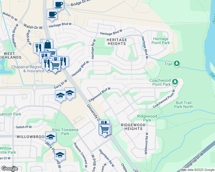 map of restaurants, bars, coffee shops, grocery stores, and more near 67 Edgewood Boulevard West in Lethbridge