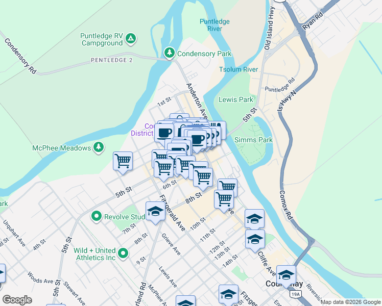 map of restaurants, bars, coffee shops, grocery stores, and more near 285 5th Street in Courtenay