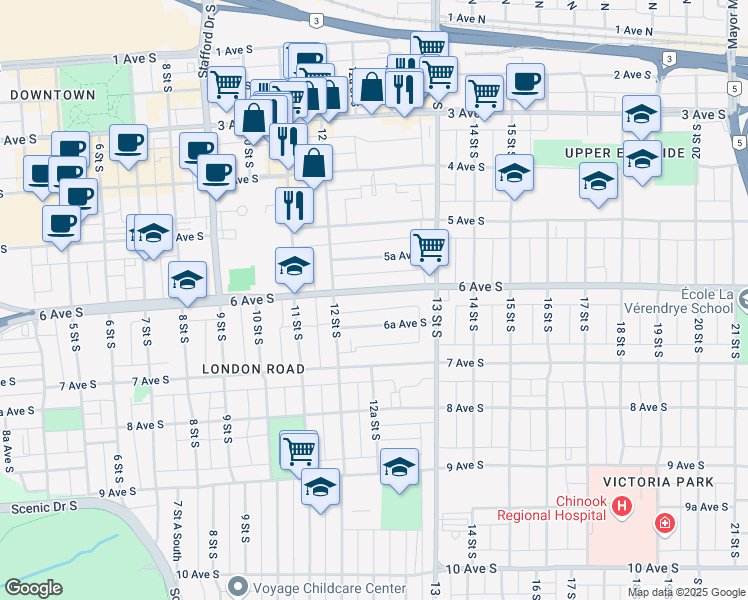 map of restaurants, bars, coffee shops, grocery stores, and more near 1228 6 Avenue South in Lethbridge