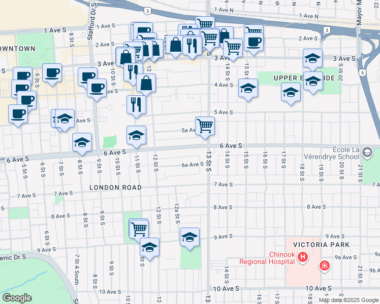 map of restaurants, bars, coffee shops, grocery stores, and more near 1252 6 Avenue South in Lethbridge