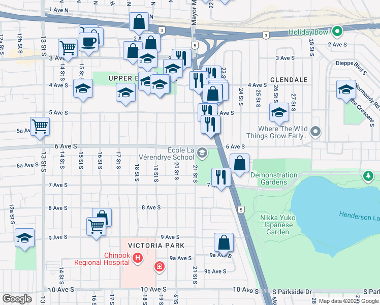 map of restaurants, bars, coffee shops, grocery stores, and more near 536 21 Street South in Lethbridge