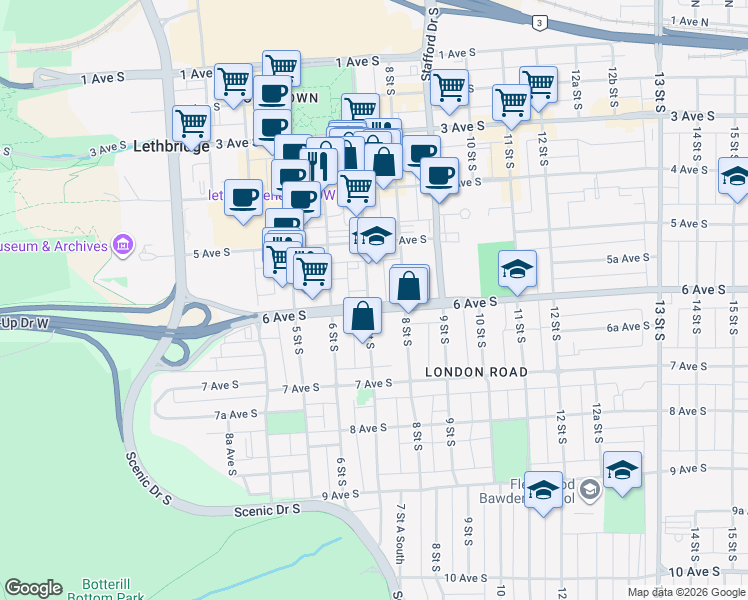 map of restaurants, bars, coffee shops, grocery stores, and more near 537 7 Street South in Lethbridge