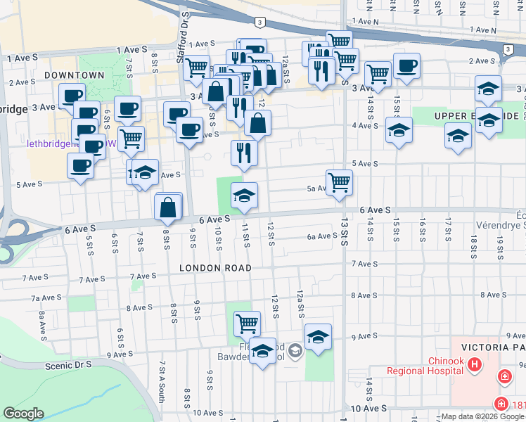 map of restaurants, bars, coffee shops, grocery stores, and more near 544 12 Street South in Lethbridge