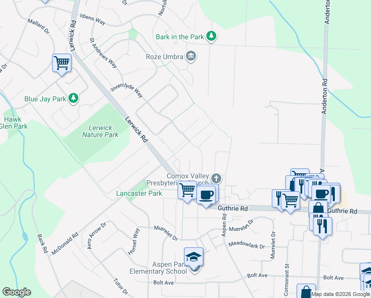 map of restaurants, bars, coffee shops, grocery stores, and more near 2785 Inverclyde Way in Courtenay