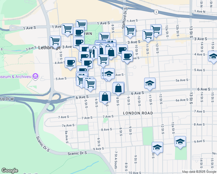 map of restaurants, bars, coffee shops, grocery stores, and more near 529 7 Street South in Lethbridge