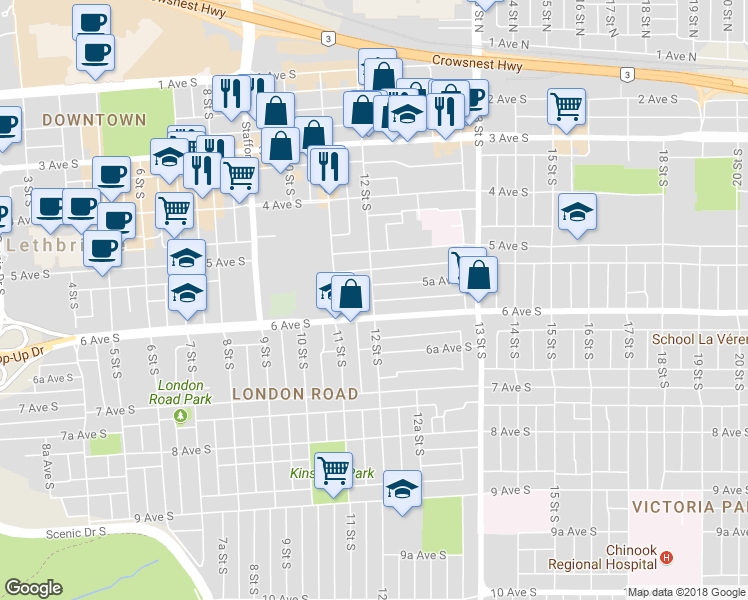 map of restaurants, bars, coffee shops, grocery stores, and more near 529 12 Street South in Lethbridge