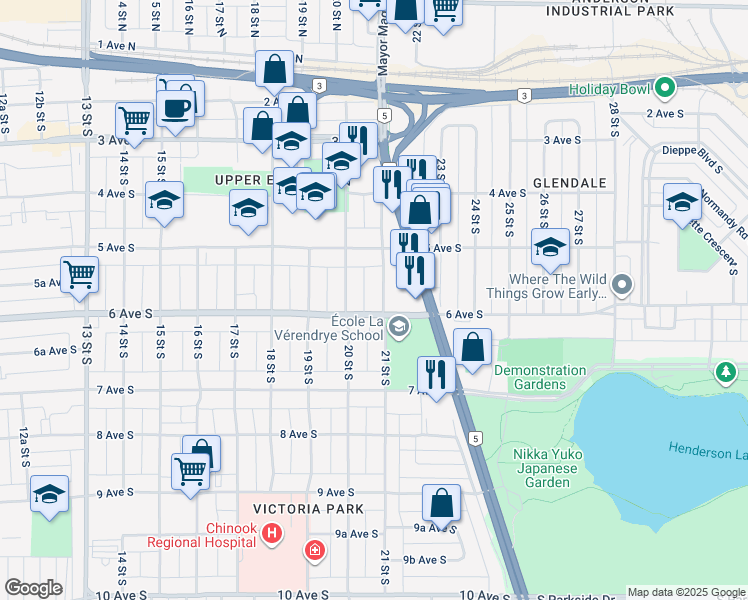 map of restaurants, bars, coffee shops, grocery stores, and more near 536 21 Street South in Lethbridge
