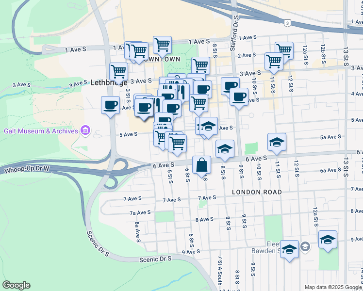 map of restaurants, bars, coffee shops, grocery stores, and more near 516 6 Street South in Lethbridge