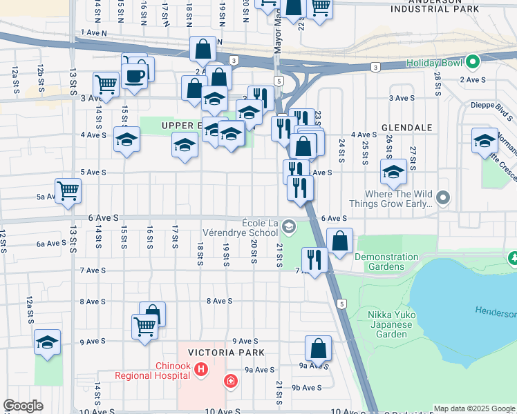 map of restaurants, bars, coffee shops, grocery stores, and more near 539 20 Street South in Lethbridge