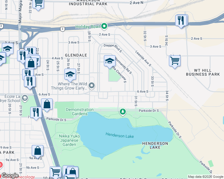 map of restaurants, bars, coffee shops, grocery stores, and more near 2863 6 Avenue South in Lethbridge