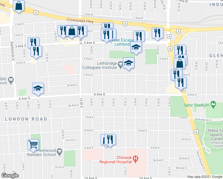 map of restaurants, bars, coffee shops, grocery stores, and more near 538 16 Street South in Lethbridge