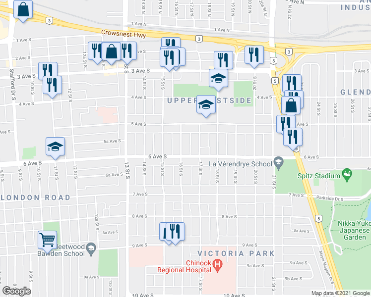 map of restaurants, bars, coffee shops, grocery stores, and more near 538 16 Street South in Lethbridge
