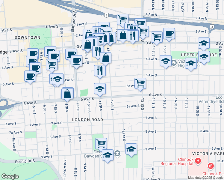 map of restaurants, bars, coffee shops, grocery stores, and more near 529 12 Street South in Lethbridge