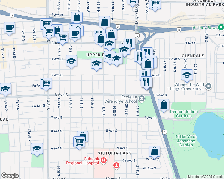 map of restaurants, bars, coffee shops, grocery stores, and more near 530 19 Street South in Lethbridge