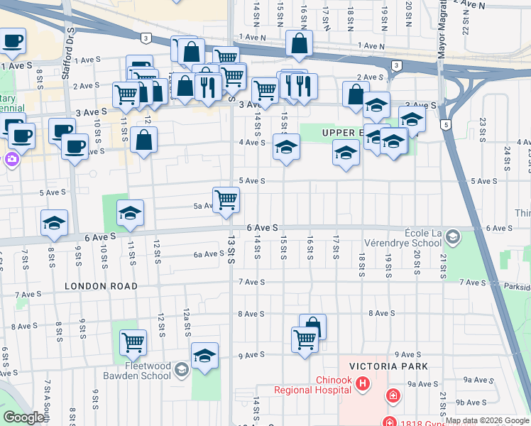 map of restaurants, bars, coffee shops, grocery stores, and more near 531 14 Street South in Lethbridge