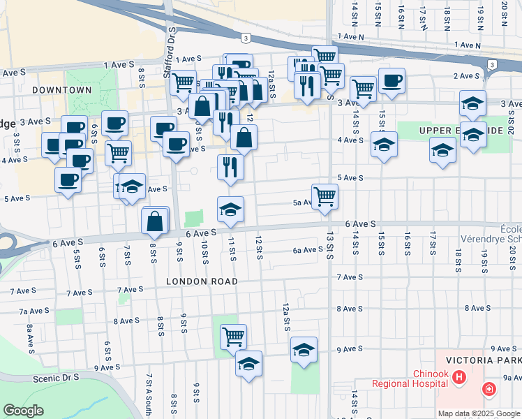 map of restaurants, bars, coffee shops, grocery stores, and more near 1202 5A Avenue South in Lethbridge