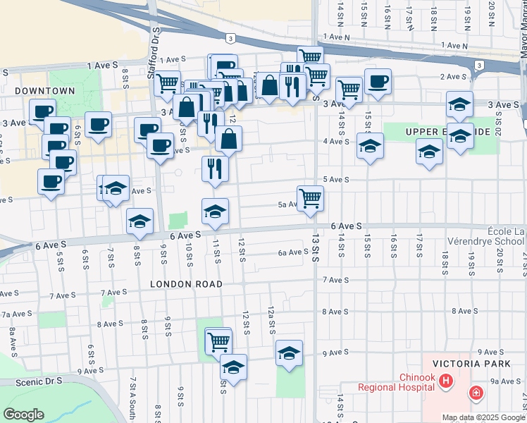map of restaurants, bars, coffee shops, grocery stores, and more near 1228 5A Avenue South in Lethbridge