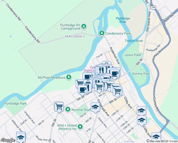 map of restaurants, bars, coffee shops, grocery stores, and more near 444 2nd Street in Courtenay