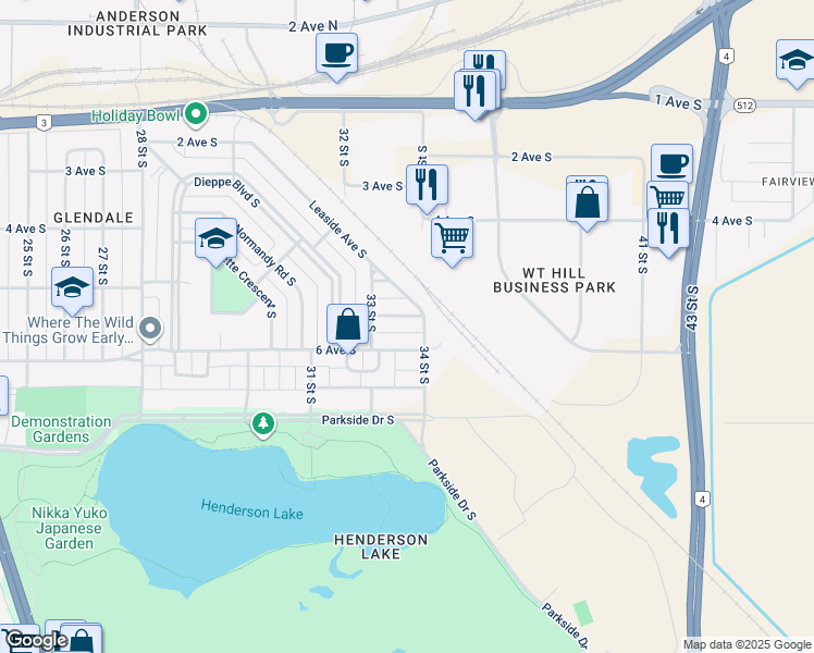 map of restaurants, bars, coffee shops, grocery stores, and more near 3322 5A Avenue South in Lethbridge