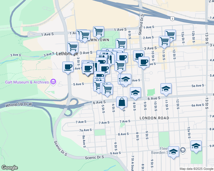 map of restaurants, bars, coffee shops, grocery stores, and more near 516 6 Street South in Lethbridge