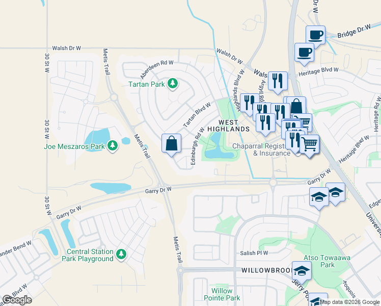 map of restaurants, bars, coffee shops, grocery stores, and more near 4 Edinburgh Way West in Lethbridge