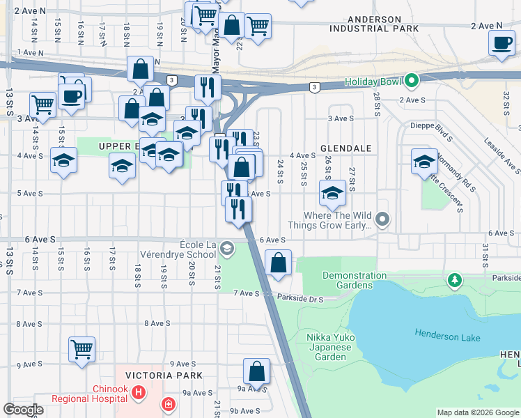 map of restaurants, bars, coffee shops, grocery stores, and more near 513 23 Street South in Lethbridge