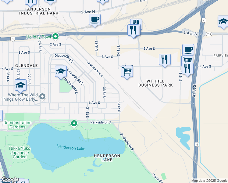 map of restaurants, bars, coffee shops, grocery stores, and more near 3321 5A Avenue South in Lethbridge