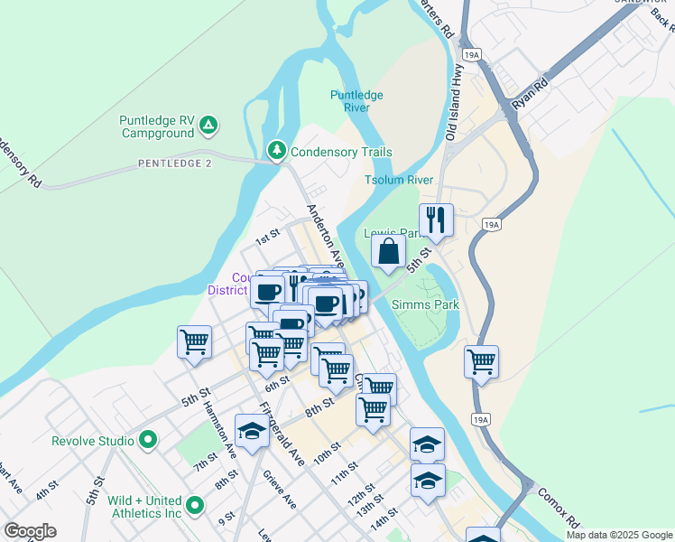 map of restaurants, bars, coffee shops, grocery stores, and more near 355 Anderton Avenue in Courtenay