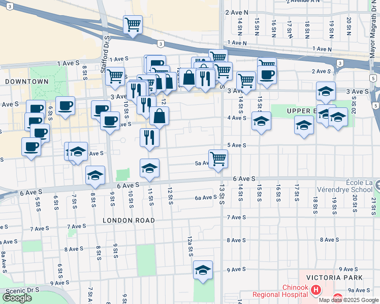 map of restaurants, bars, coffee shops, grocery stores, and more near 1234 5 Avenue South in Lethbridge