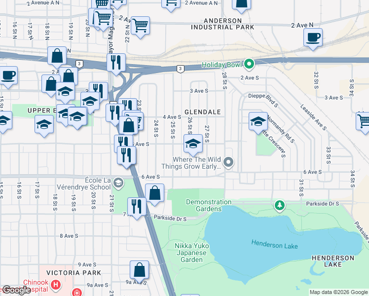map of restaurants, bars, coffee shops, grocery stores, and more near 2518 5 Avenue South in Lethbridge