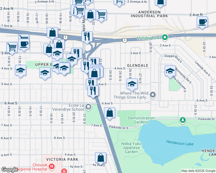map of restaurants, bars, coffee shops, grocery stores, and more near 502 24 Street South in Lethbridge