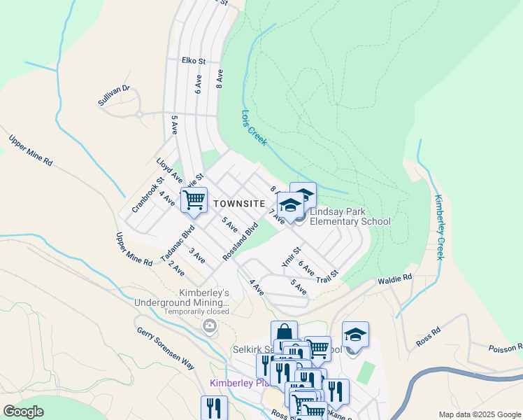 map of restaurants, bars, coffee shops, grocery stores, and more near 603 Rossland Boulevard in Kimberley