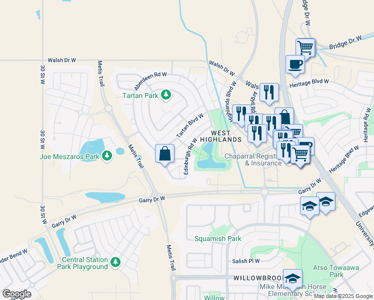 map of restaurants, bars, coffee shops, grocery stores, and more near 22 Edinburgh Gate West in Lethbridge