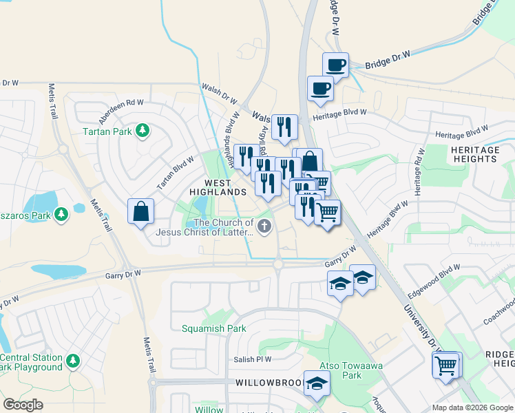 map of restaurants, bars, coffee shops, grocery stores, and more near 454 Highlands Boulevard West in Lethbridge