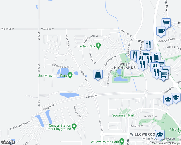 map of restaurants, bars, coffee shops, grocery stores, and more near 313 Aberdeen Road West in Lethbridge