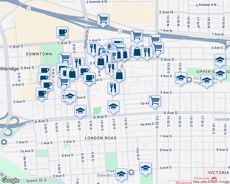 map of restaurants, bars, coffee shops, grocery stores, and more near 1103 5 Avenue South in Lethbridge