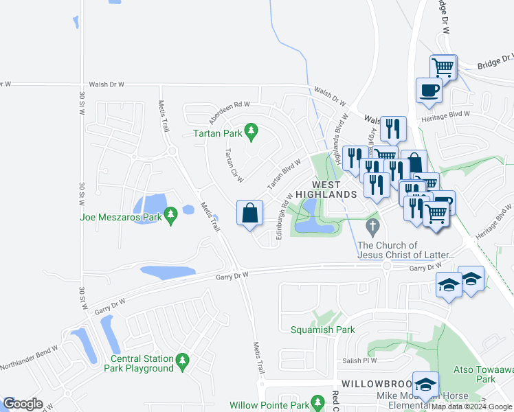 map of restaurants, bars, coffee shops, grocery stores, and more near 114 Tartan Boulevard West in Lethbridge