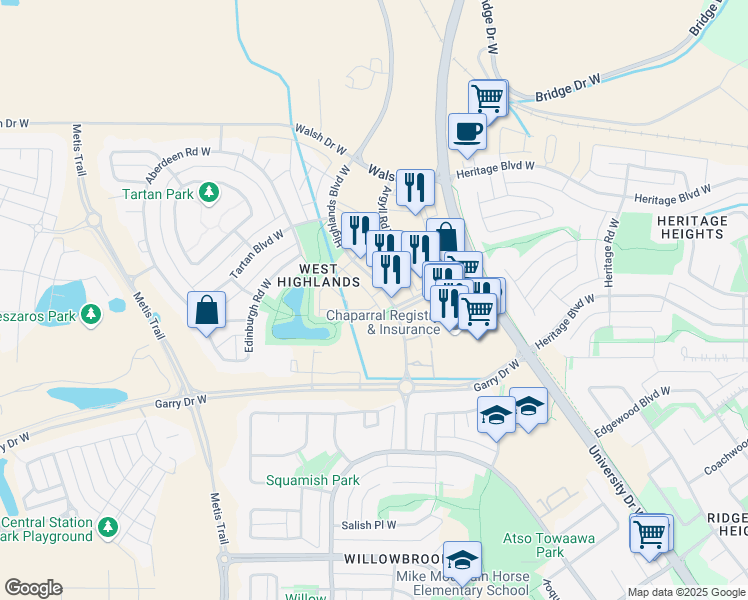 map of restaurants, bars, coffee shops, grocery stores, and more near 426 Highlands Boulevard West in Lethbridge