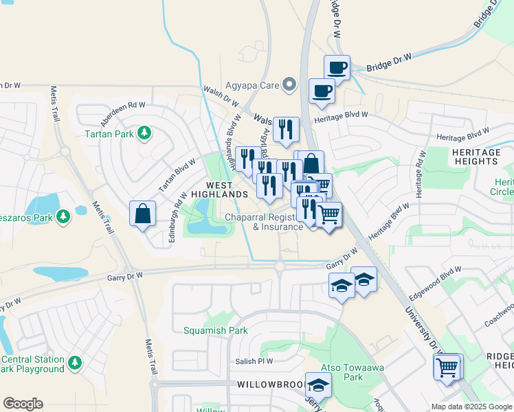 map of restaurants, bars, coffee shops, grocery stores, and more near 490 Highlands Boulevard West in Lethbridge