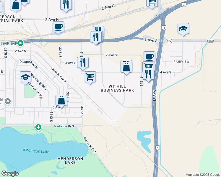 map of restaurants, bars, coffee shops, grocery stores, and more near 495 WT Hill Boulevard South in Lethbridge