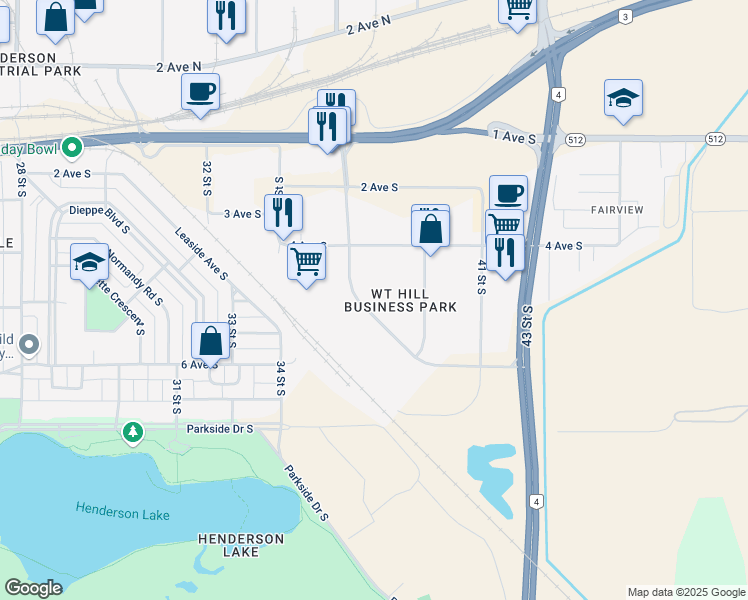 map of restaurants, bars, coffee shops, grocery stores, and more near 495 WT Hill Boulevard South in Lethbridge