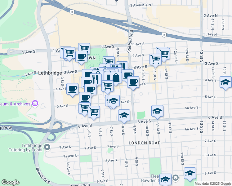 map of restaurants, bars, coffee shops, grocery stores, and more near in Lethbridge