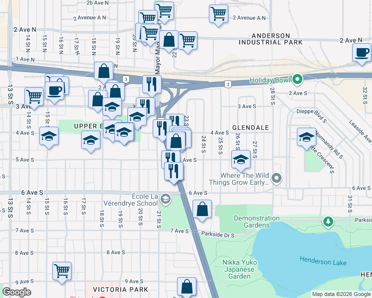 map of restaurants, bars, coffee shops, grocery stores, and more near 429 23 Street South in Lethbridge