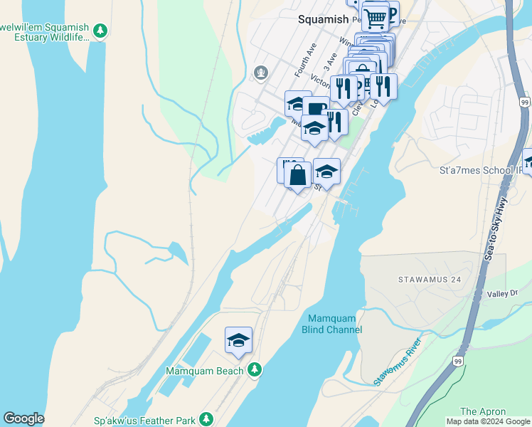 map of restaurants, bars, coffee shops, grocery stores, and more near 37689 Westminster Street in Squamish